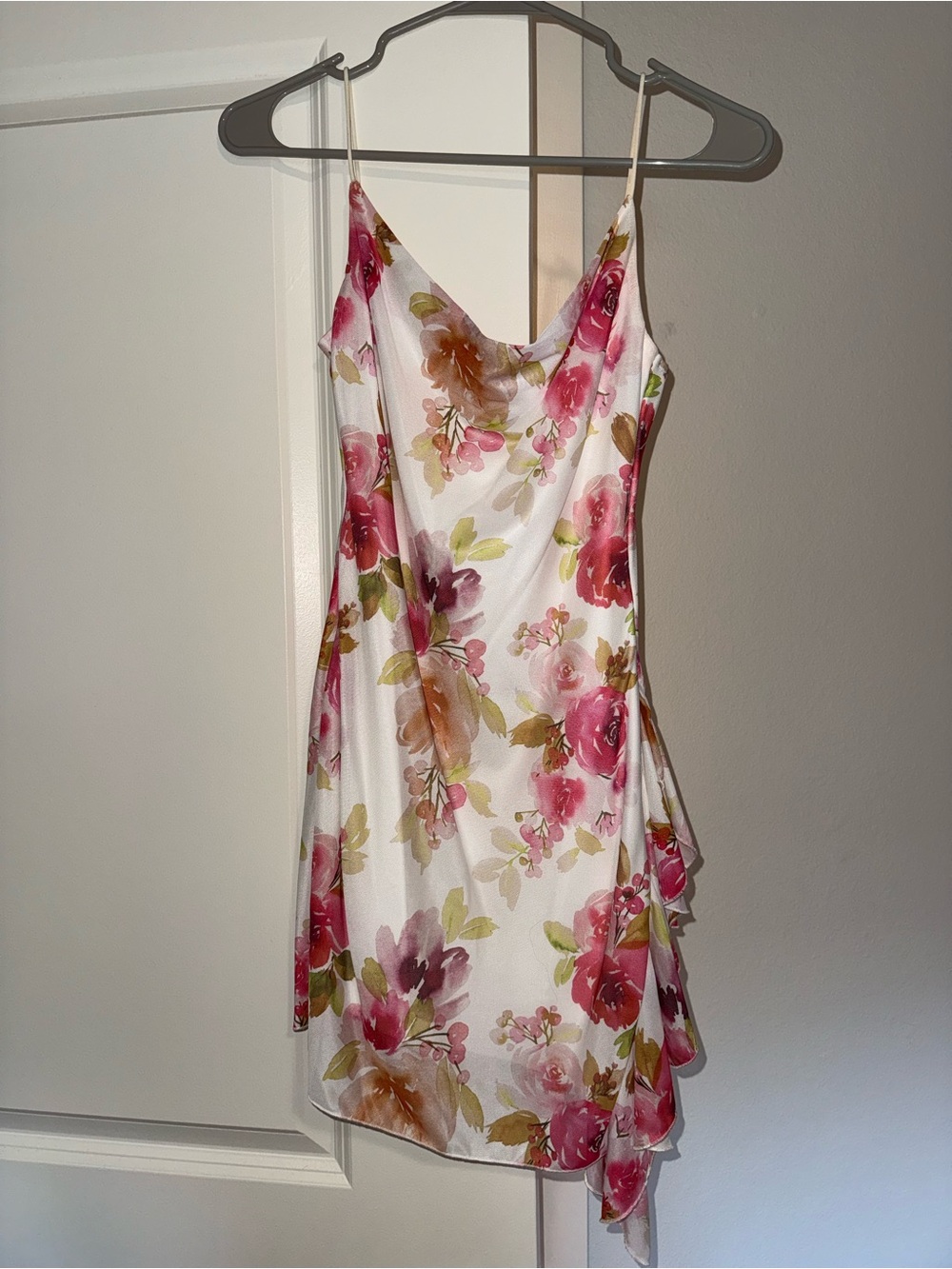 Floral Cowl Neck Mini Dress in White with Pink & Green Print